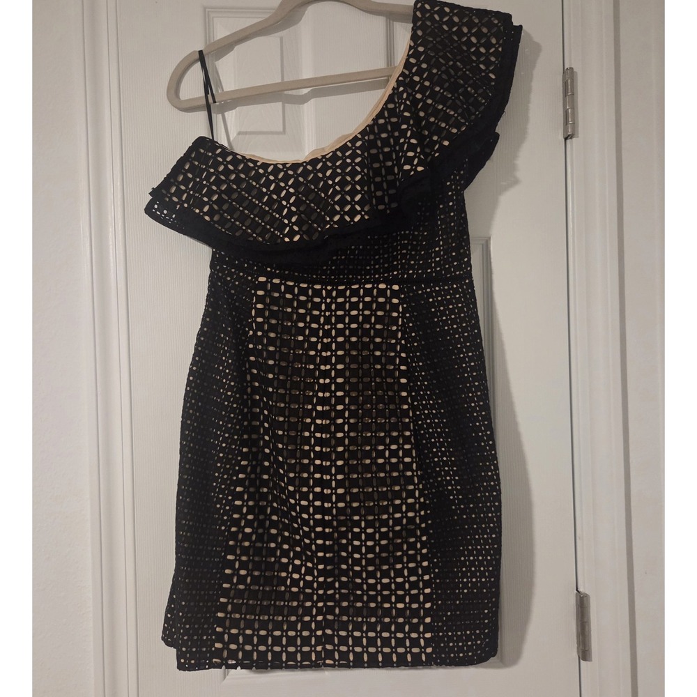 J Crew Collection One Shoulder Eyelet Ruffle Mini Dress Black 6 Cocktail party
